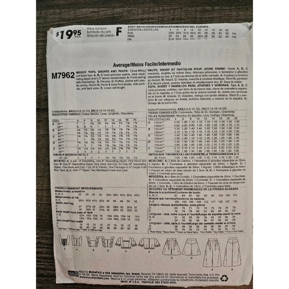 McCall's M7962 Misses Tops Shorts Pants Sewing Pattern Size 12-20 Uncut FF